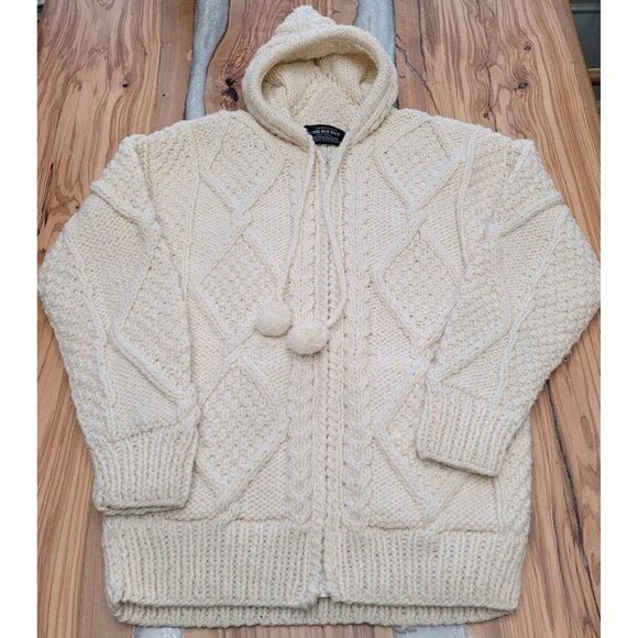 SISANDINA Wool Cardigan Sweater Chunky Cable Knit Hooded Zip Front Ivory Medium - Picture 2 of 10